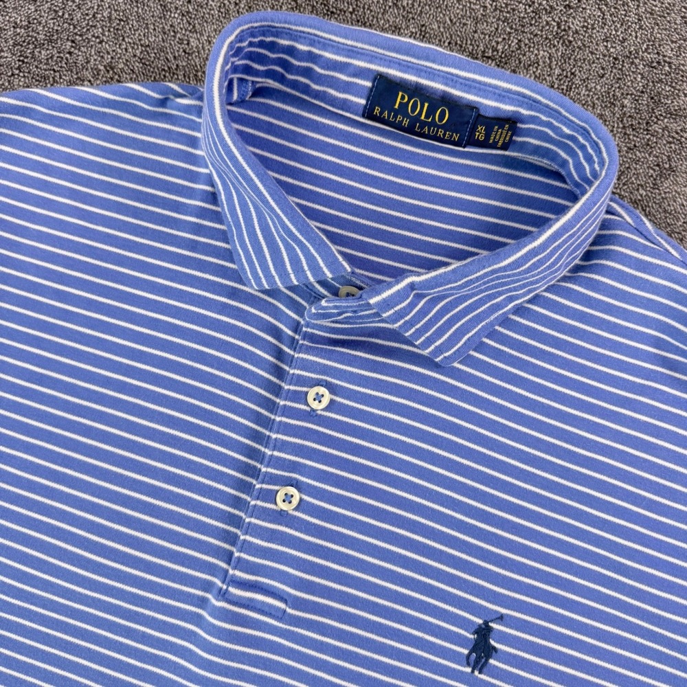 Polo Ralph Lauren Mens XL Blue White Striped Short Sleeve Cotton Polo Shirt